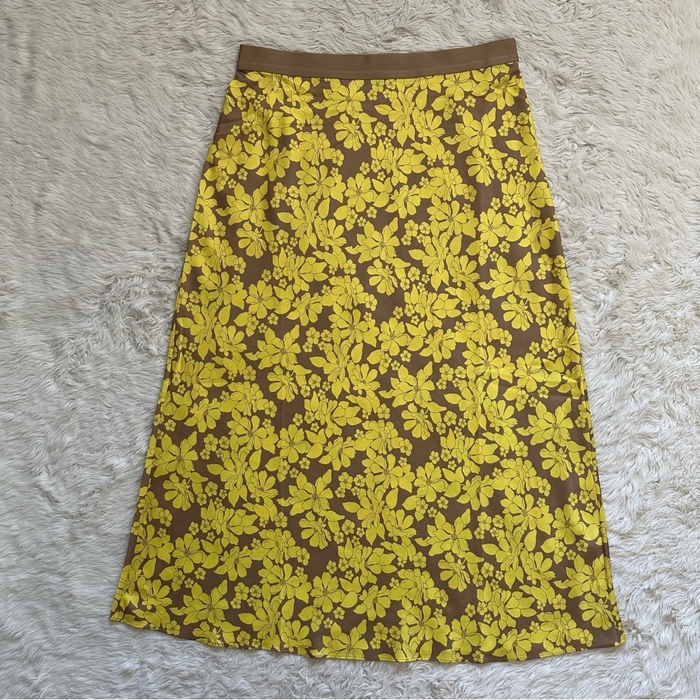 Outerknown Skirt Satin Midi Pull On Elastic Waist Floral Yellow Tan Sz L